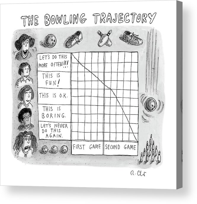 The Bowling Trajectory Bowling Acrylic Print featuring the drawing Bowling Trajectory by Roz Chast