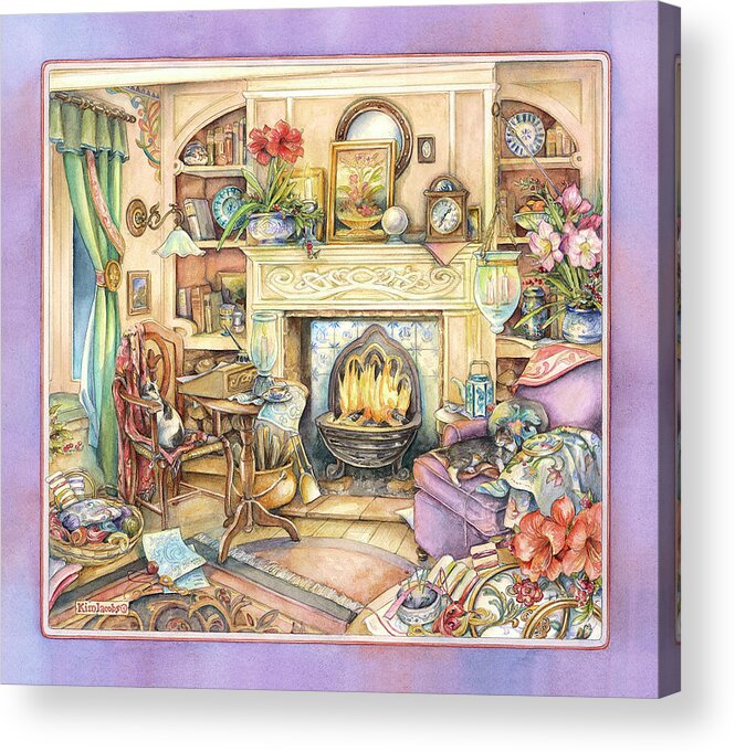 Fireside Embroidery Acrylic Print featuring the painting Fireside Embroidery by Kim Jacobs