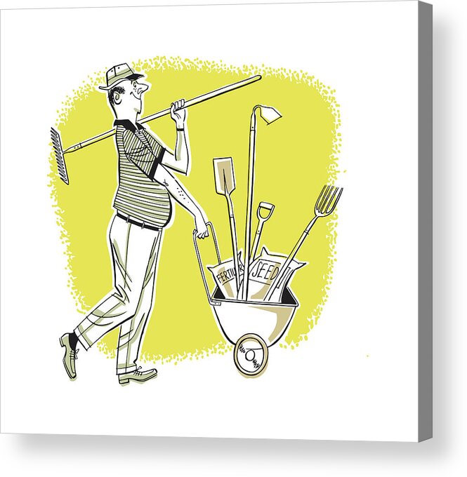 Adult Acrylic Print featuring the drawing Man with Wheelbarrow Full of Gardening Supplies by CSA Images