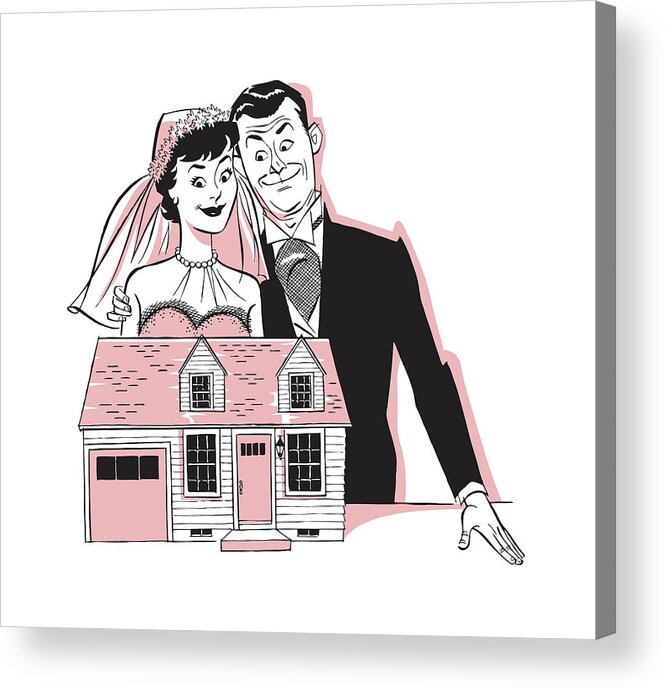 Admire Acrylic Print featuring the drawing Newlyweds in Front of Model of Home by CSA Images