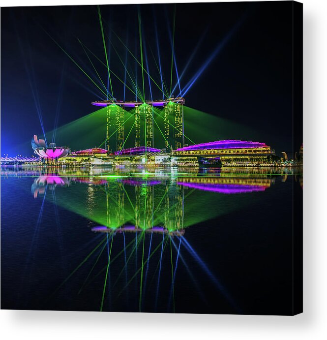 Architecture Acrylic Print featuring the photograph Singapore Marina Bay Sands Hotel Laser Light Show wonderful by Zexsen Xie