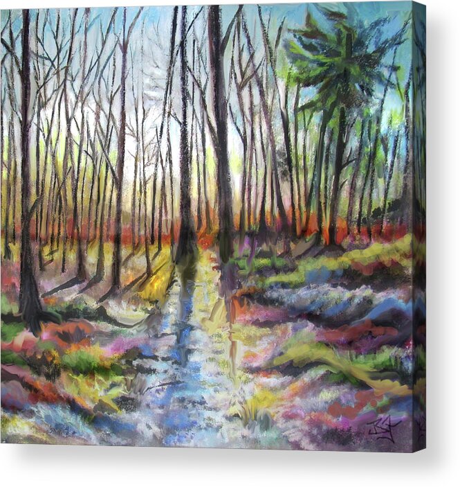 Forest Acrylic Print featuring the painting Spring Thaw Forest Sunrise by Jean Batzell Fitzgerald