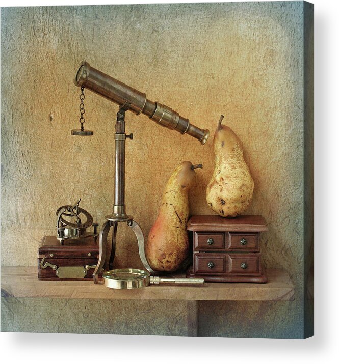 Magnifying Glass Acrylic Print featuring the photograph Two Pears And Telescope by Sergey Ryumin
