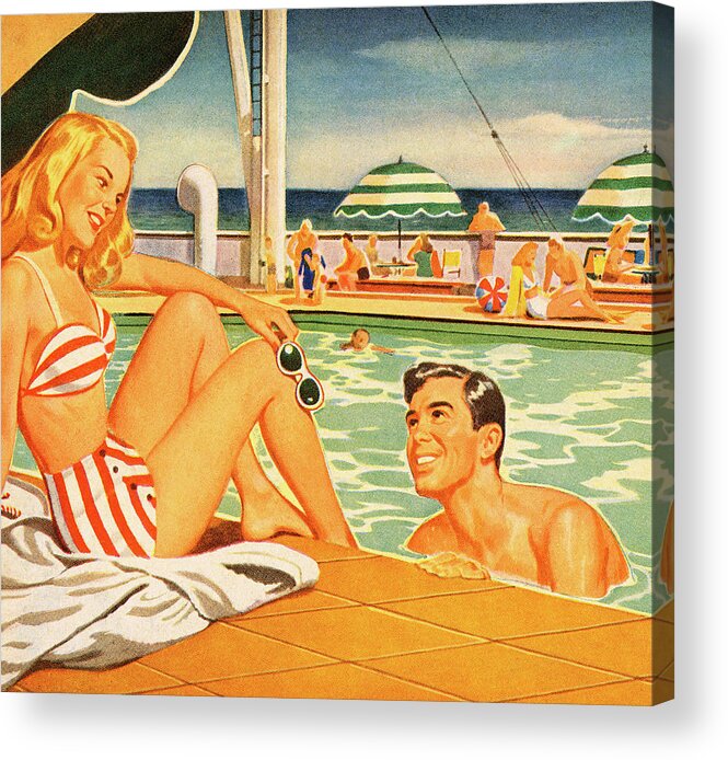 Bathing Suit Acrylic Print featuring the drawing Woman and Man Flirting at the Pool by CSA Images