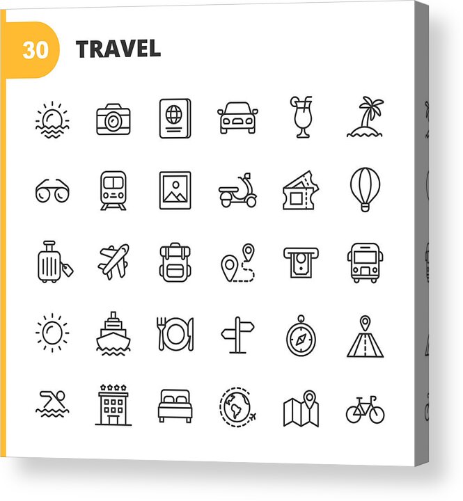 Thin Acrylic Print featuring the drawing Travel Line Icons. Editable Stroke. Pixel Perfect. For Mobile and Web. Contains such icons as Camera, Cocktail, Passport, Sunset, Plane, Hotel, Cruise Ship, ATM, Palm Tree, Backpack, Restaurant. #1 by Rambo182