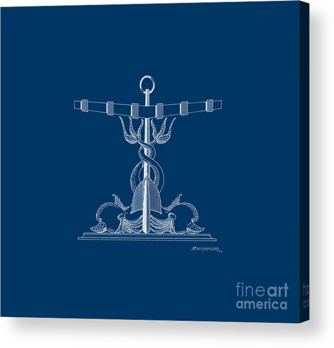 Sailing Vessels Acrylic Print featuring the drawing Anchor with dolphins - blueprint by Panagiotis Mastrantonis