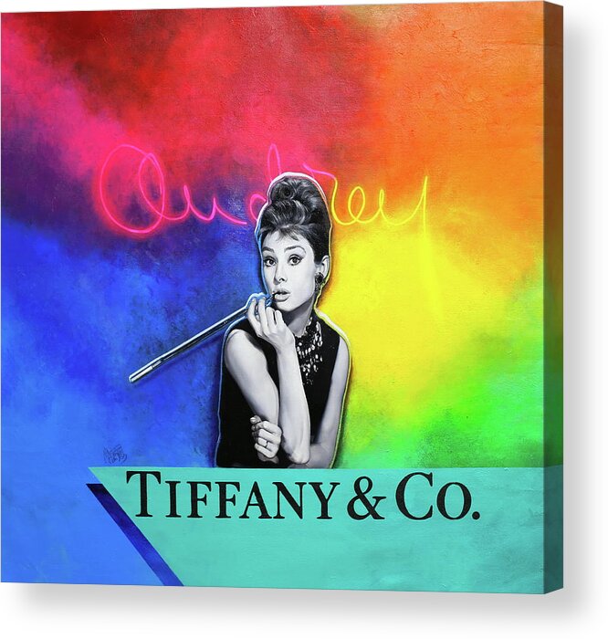 Audrey Hepburn Acrylic Print featuring the painting Audrey Hepburn as Holly Golightly in Breakfast at Tiffany's by Michael Andrew Law Cheuk Yui