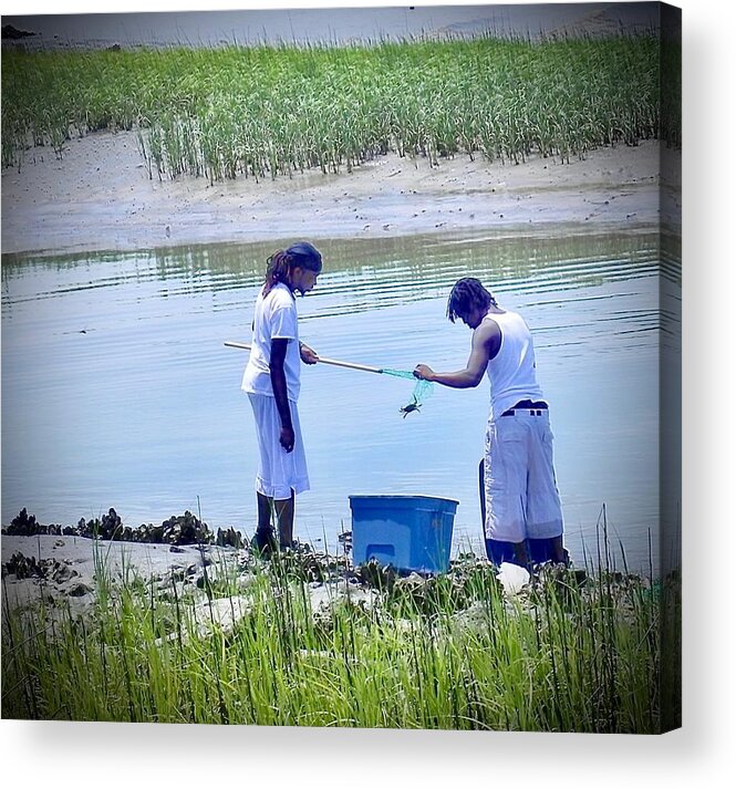 Catching Crabs In Nets Acrylic Print featuring the photograph Crabbing with friends by Patricia Greer