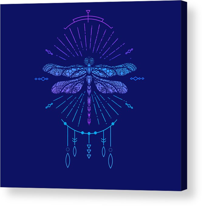 Dragonfly Acrylic Print featuring the digital art Geometric Blue Boho Dragonfly by Laura Ostrowski