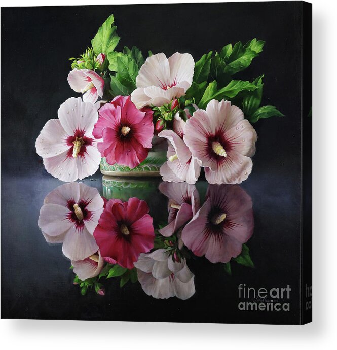 Hibiscus# Hibiscus In Reflexion# White Hibiscus Acrylic Print featuring the painting Hibiscus by Pieter Wagemans