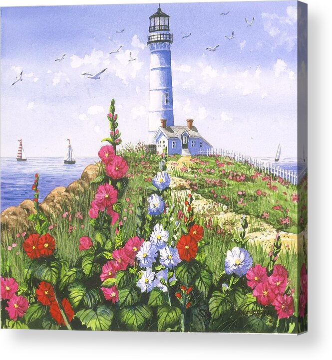 Lighthouse Acrylic Print featuring the painting Lighthouse and Hollyhocks by Diane Phalen