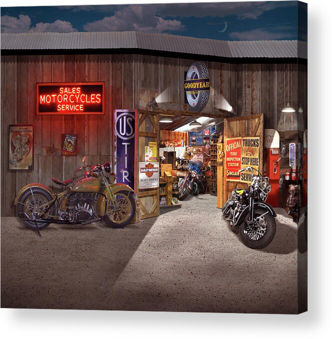 Motorcycle Shop Acrylic Print featuring the photograph Outside the Motorcycle Shop by Mike McGlothlen