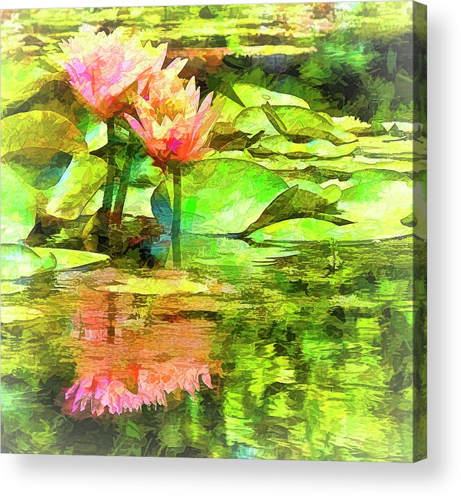 Lily Acrylic Print featuring the photograph Pink Water Lilies Faux Paint by Bill Barber