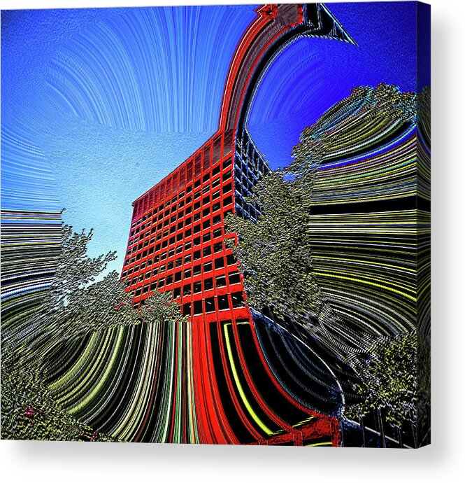 Office Building Acrylic Print featuring the digital art Red Citadel by Addison Likins