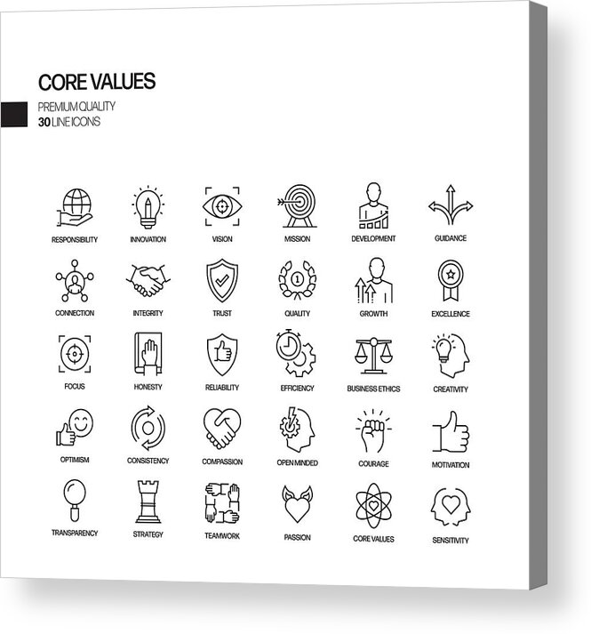 Expertise Acrylic Print featuring the drawing Simple Set of Core Values Related Vector Line Icons. Outline Symbol Collection. by Designer