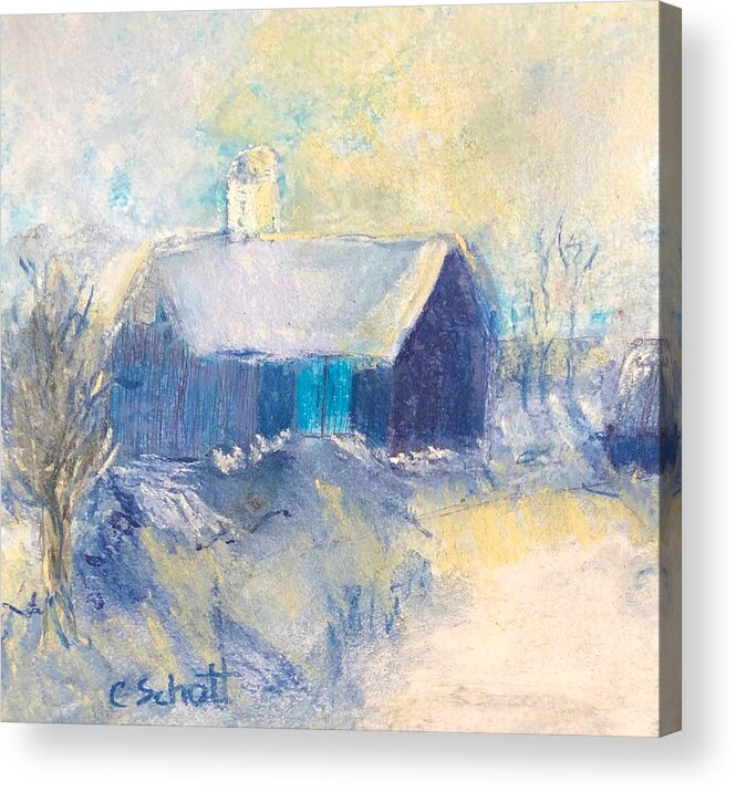 Barn Acrylic Print featuring the painting Snowy Blue Barn by Christina Schott