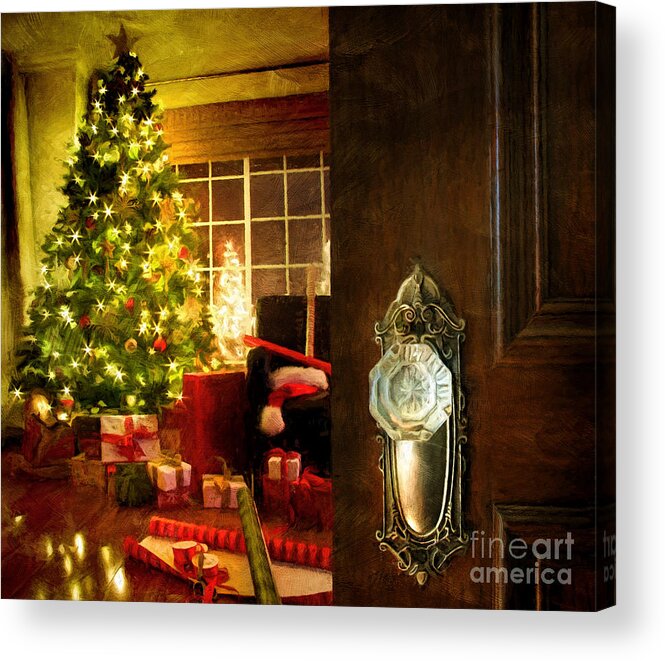 Background Acrylic Print featuring the photograph Door opening into a Christmas living room digital painting by Sandra Cunningham