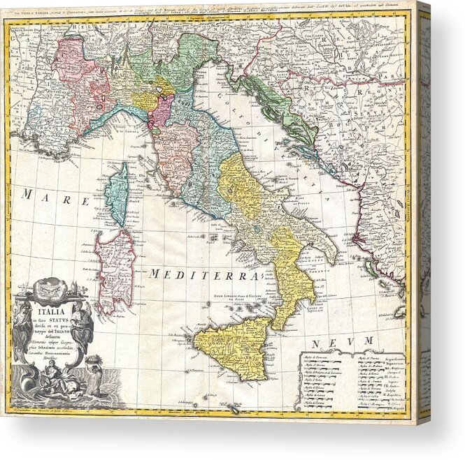 This Is A Find Decorative Map Of Italy Acrylic Print featuring the photograph 1742 Homann Heirs Map of Italy by Paul Fearn
