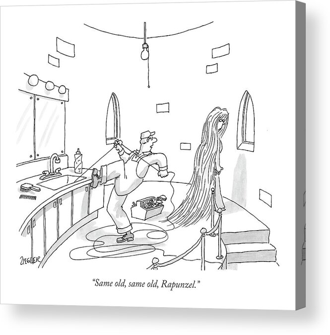 Fictional Characters Interiors Workers Children's Stories

(a Plumber Pulls Long Strands Of Hair Out Of Her Sink.) 122093 Jzi Jack Ziegler Acrylic Print featuring the drawing Same Old, Same Old, Rapunzel by Jack Ziegler