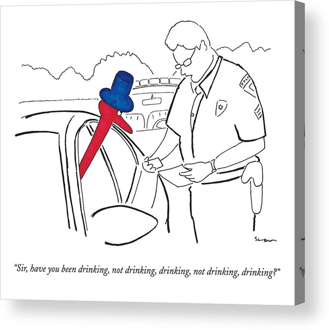 Dui Acrylic Print featuring the drawing A Drinking Bird Toy Is Pulled Over By A Policeman by Michael Shaw