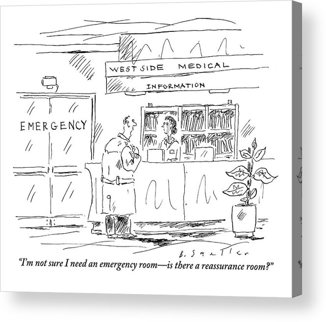 Westside Medical Acrylic Print featuring the drawing A Man Addresses The Receptionist At An Emergency by Barbara Smaller