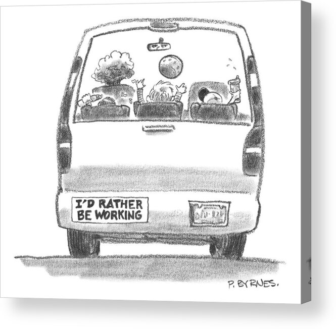 Bumper Stickers Acrylic Print featuring the drawing A Vehicle With Many Children Inside Is Seen by Pat Byrnes