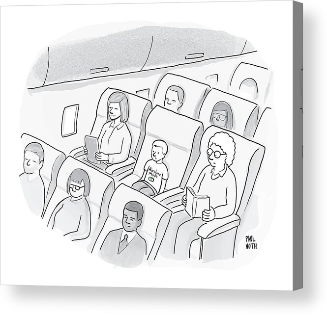 Iphone Acrylic Print featuring the drawing A Well-behaved Boy On An Airplane Wears A T-shirt by Paul Noth