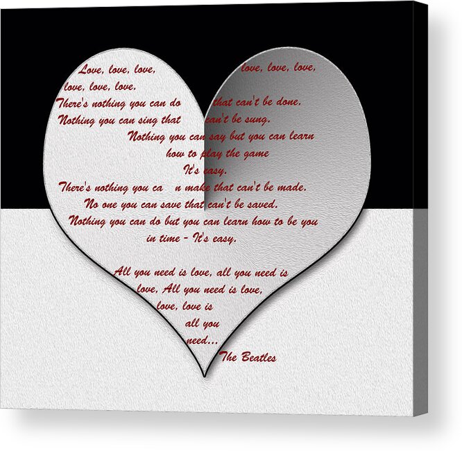 The Beatles Lyrics Acrylic Print featuring the painting All You Need is Love digital painting by Georgeta Blanaru