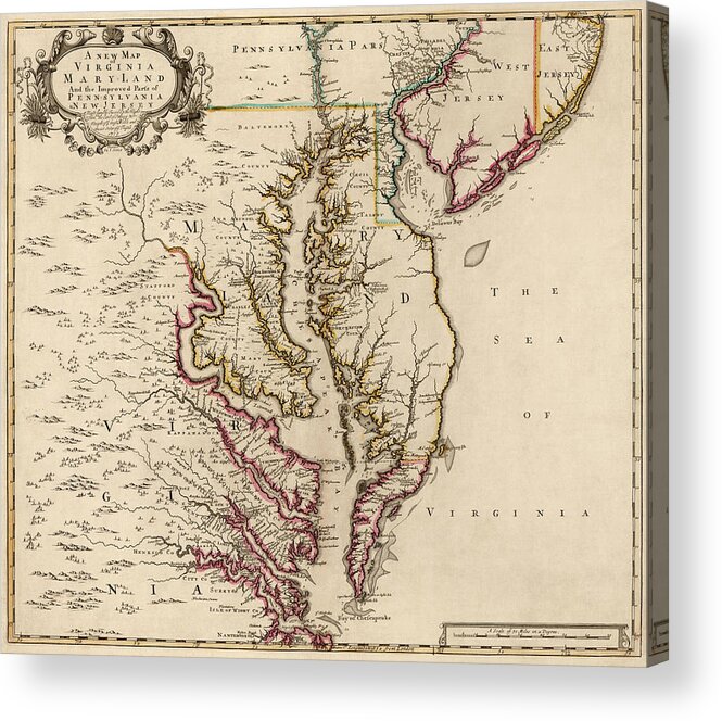 Maryland Map Acrylic Print featuring the drawing Antique Map of Maryland and Virginia by John Senex - 1719 by Blue Monocle
