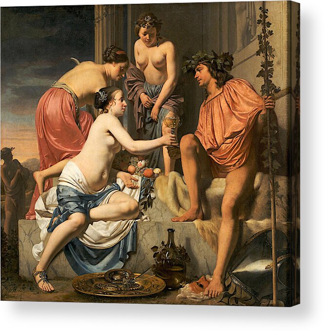 Caesar Van Everdingen Acrylic Print featuring the painting Bacchus on a Throne. Nymphs Offering Bacchus Wine and Fruit by Caesar van Everdingen