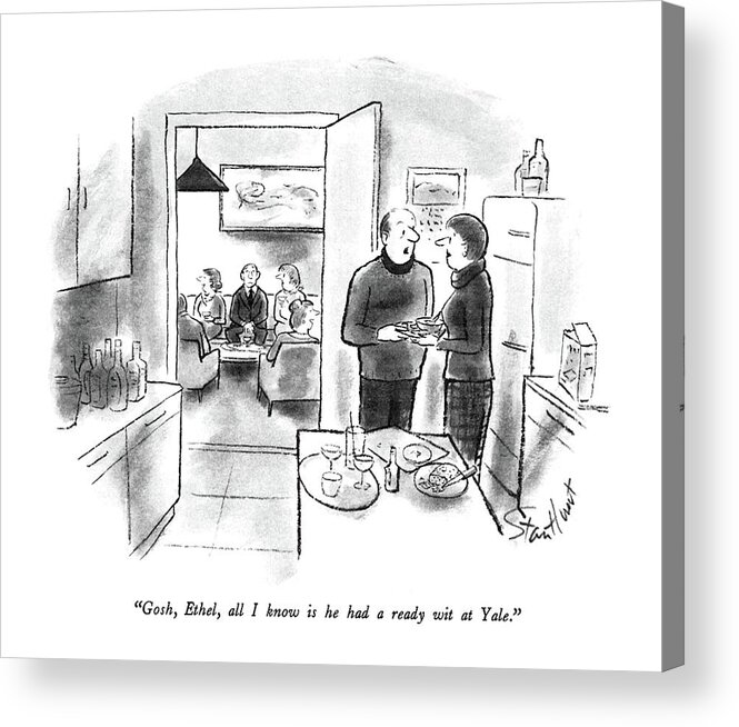 
(man Talks To His Wife In Their Kitchen Referring To A Withdrawn Man At Their Party.)
Relationships Acrylic Print featuring the drawing Gosh, Ethel, All I Know Is He Had A Ready Wit by Stan Hunt