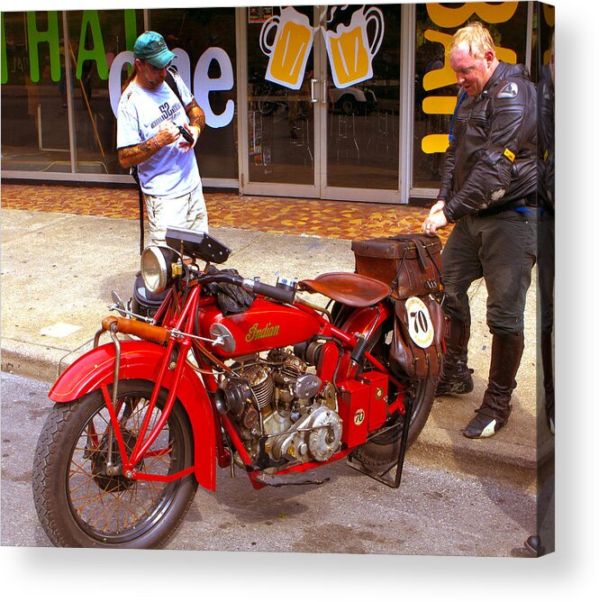 Cannonball Motorcle Acrylic Print featuring the photograph Inspecting Indian #70 by Jeff Kurtz