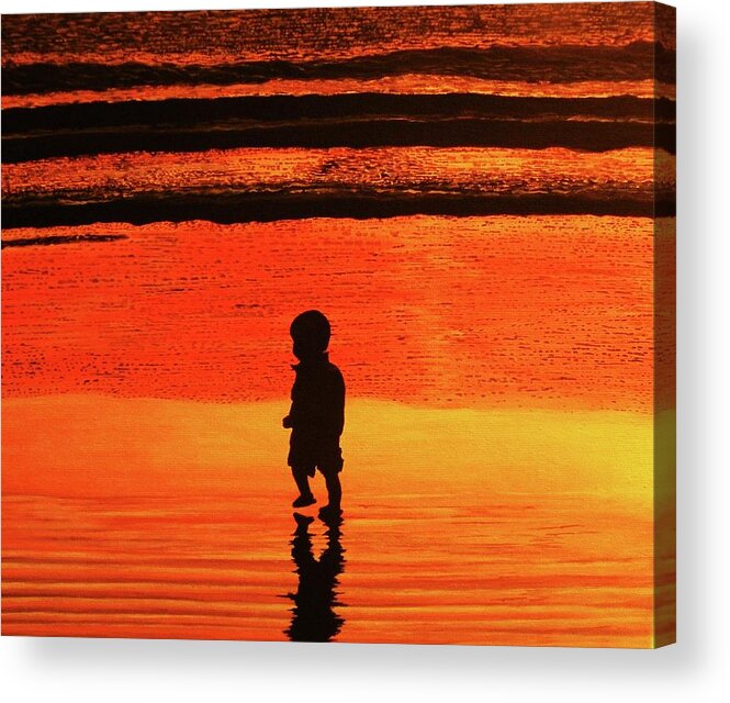Sunset Acrylic Print featuring the painting Little Boy at the Beach by Victoria Rhodehouse