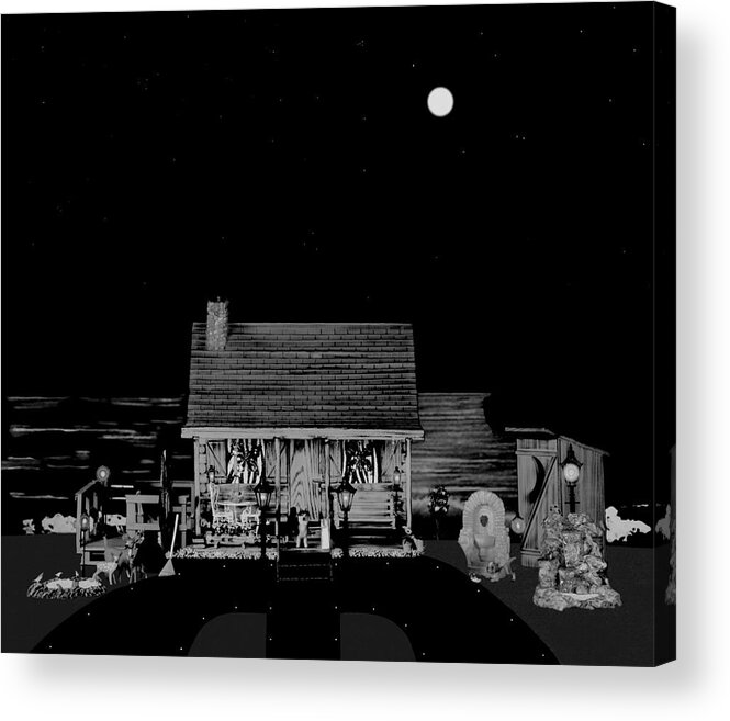 Og Cabin Acrylic Print featuring the photograph Log Cabin Scene Near The Ocean At Midnight In Black And White by Leslie Crotty