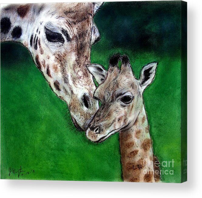 Mother And Baby Giraffe Acrylic Print featuring the painting Mother and Baby Giraffe by Jim Fitzpatrick
