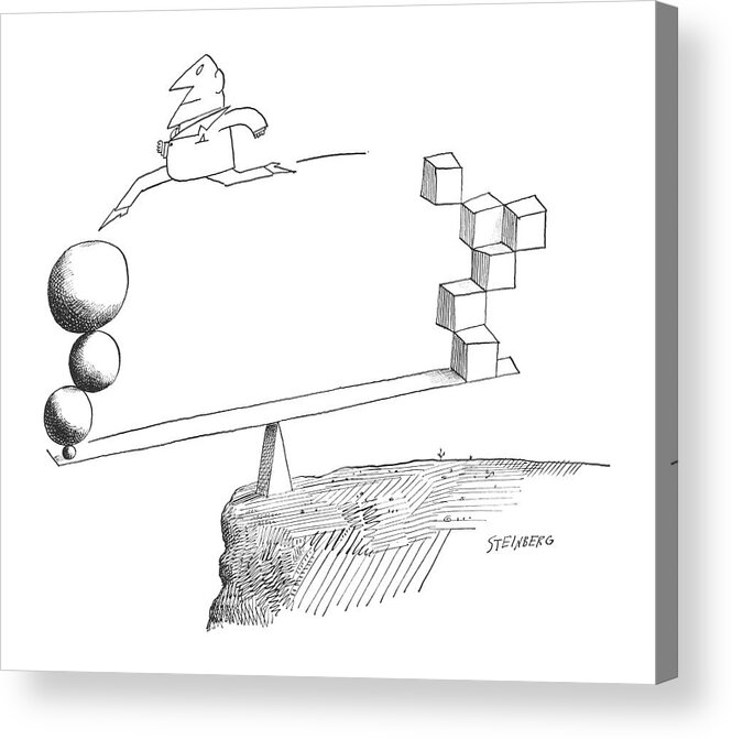 115535 Sst Saul Steinberg (a Seesaw Is Strategically Placed On A Cliff Of A Mountain While A Man Jumps From One End To Another. On One End Of The Seesaw Are Cubes And On The Other End Are Spheres.) Another Balance Balancing Circles Cliff Cubes End Jump Jumping Jumps Leap Leaping Man Men Mountain One Other Placed Seesaw Shape Shapes Spheres Squares Sstoon Strategically Suicidal Suicide Teeter Totter Triangles While Acrylic Print featuring the drawing New Yorker April 20th, 1963 by Saul Steinberg
