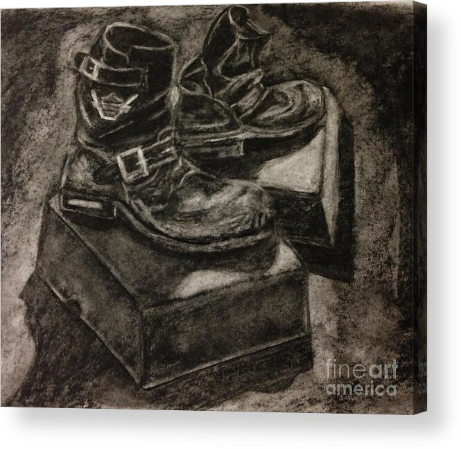 Charcoal Acrylic Print featuring the drawing Old Harley Boots by Brigitte Emme