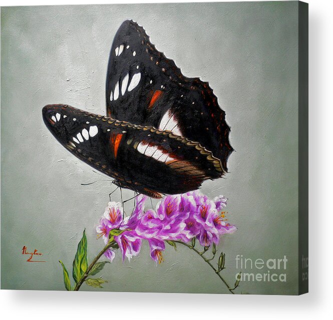 Original Acrylic Print featuring the painting Original Animal Oil Painting Art-the Butterfly#16-2-1-09 by Hongtao Huang