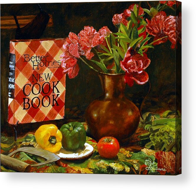Still Life Acrylic Print featuring the painting Peonies and Recipes by Rick Fitzsimons