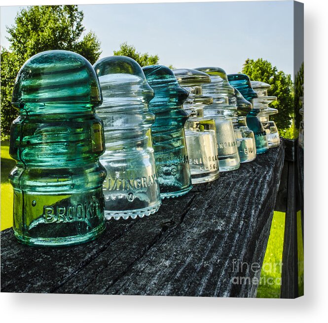 Glass Insulator Acrylic Print featuring the photograph Pretty Glass Insulators All in a Row by Deborah Smolinske