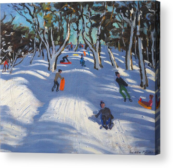 Winter Acrylic Print featuring the painting Sledging at Ladmanlow by Andrew Macara