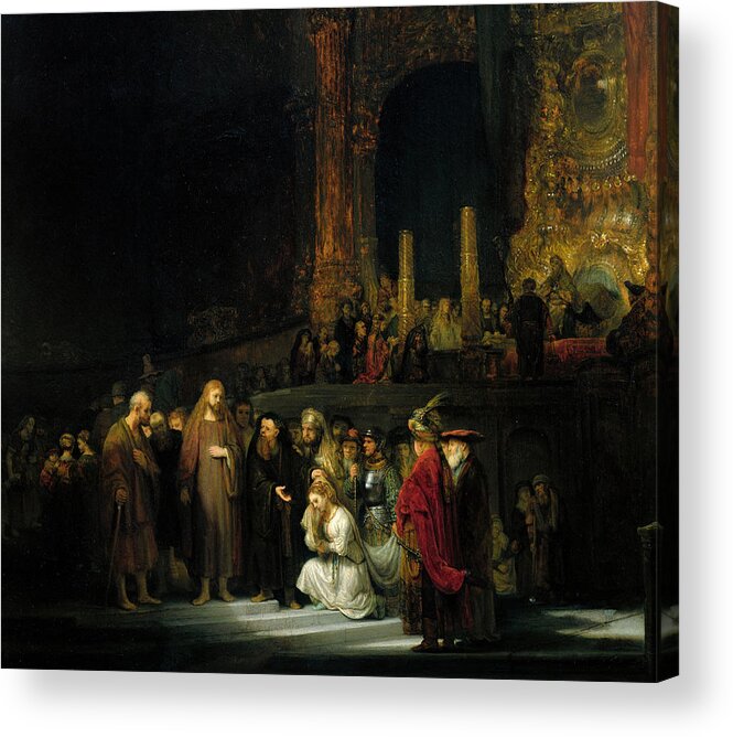 The Woman Taken In Adultery Acrylic Print featuring the painting The Woman taken in Adultery by Rembrandt
