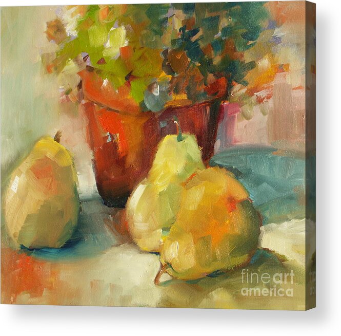 Still Life Acrylic Print featuring the painting Three Pears and a Pot by Michelle Abrams