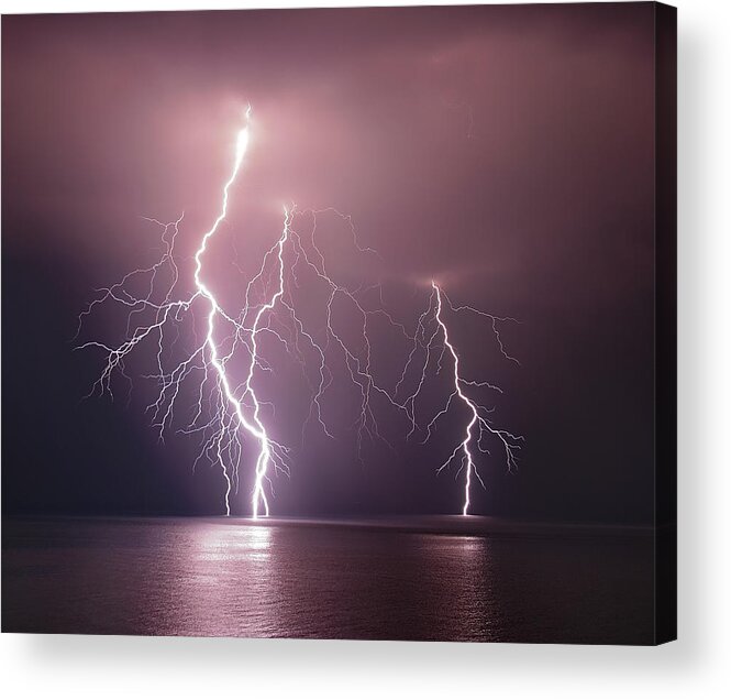 Lightning Acrylic Print featuring the photograph Thunderbolt Over The Sea by Nini_filippini