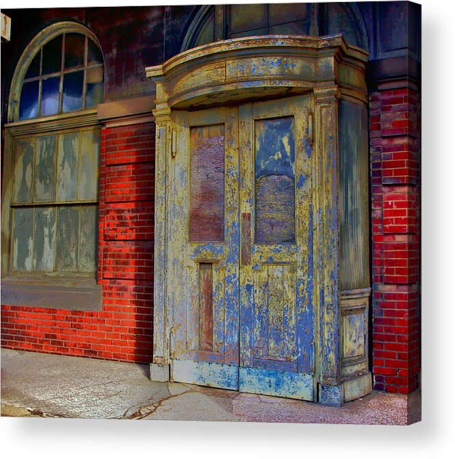 Along Old Route 40 A Dodge Van And Small Commercial Van Sit Side By Side Rusting Away.given Sufficient Time Acrylic Print featuring the photograph Train Station Door with Widow by William Rockwell