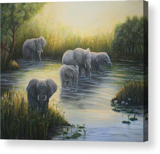 Elephants Acrylic Print featuring the painting Twilight on the Zambezi River by June Hunt