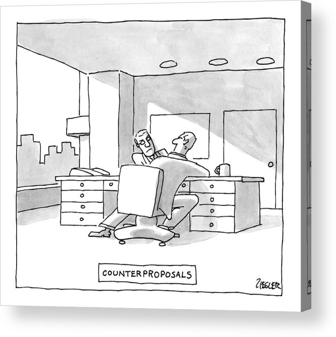 #condenastnewyorkercartoon Acrylic Print featuring the drawing Two Men Arm Wrestle At A Desk -- Counter by Jack Ziegler