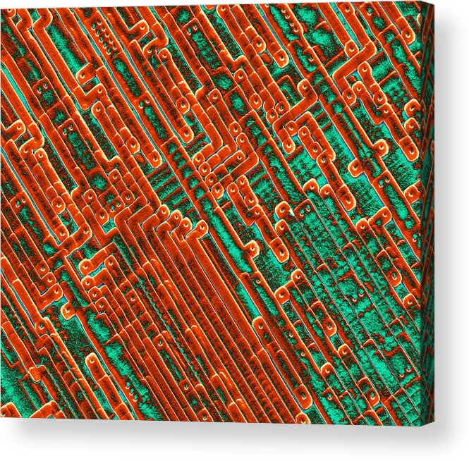 Integrated Circuits Acrylic Print featuring the photograph Microchip Circuitry, Sem #1 by Power And Syred