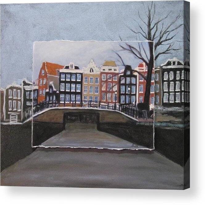 Amsterdam Acrylic Print featuring the mixed media Amsterdam Bridge layered by Anita Burgermeister