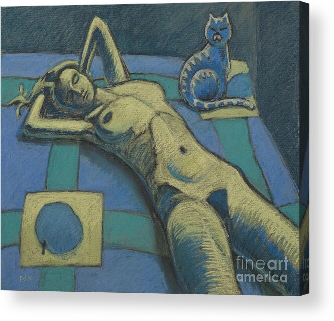 Nude Acrylic Print featuring the painting Cat With Nude by Nikolai Kraneis